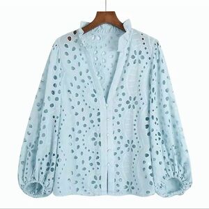 Eyelet Blouse Long Sleeve Smock Shirt Size M